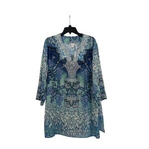 Chico’s Embellished Coastal Sheer Tunic Top Women’s 4 (XXL) Blue Mix Print Beach
